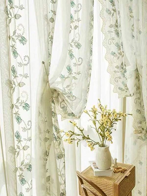 1 pièce de rideau transparent vintage de style américain haut de gamme personnalisé avec broderie de rose bleue pour le salon/balcon/baie vitrée