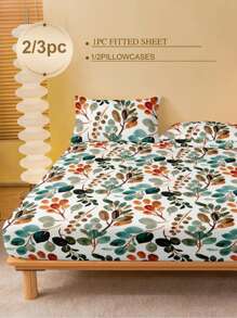 Juego de sábana ajustada de 2/3 piezas de unicolor con hojas botánicas (1 sábana ajustada + 1/2 fundas de almohada), protector de colchón, funda de colchón para cama, juego de sábanas, suaves y transpirables, para camas de todos los tamaños - individual, doble, king, queen con bolsillo profundo de hasta 11,8 pulgadas. Textil para el hogar