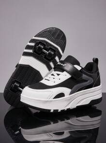 Kids Hook And Loop Roller Skates, Four-Wheel Detachable, Suitable For Skating, Skateboarding, Outdoor Casual Sports Shoes - Black and White - View 2