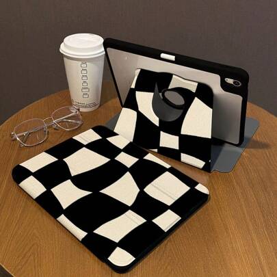 1 Piece, Pen Slot + 720° Rotating Apple Tablet Protective Cover, Black And White Plaid Pattern, Pro 2024 13-Inch/5/6/7/Pro 11-Inch 1st 2nd /Air6 2024 4th 5th Gen/8th /9th Gen/10th Generation, Hollow LOGO Hole, Drop-Proof And Shockproof