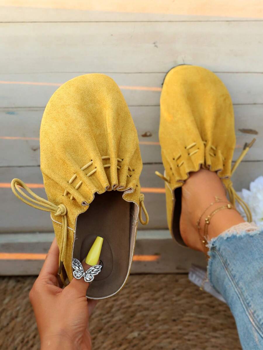 2025 Autumn New Classic Lace-Up Round Toe Comfortable Fashion Casual Versatile Soft Sole Flat Shoes,Mule - Yellow - View 1
