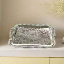 1pc Decorative Metal Rectangular Tray With Beaded Handles Serving Tray Hotel Decor, Suitable For Festival Center Decor, Hotel Home And Office Decor, Any Festival