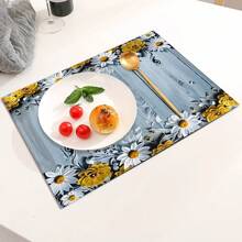 4pcs/Set Wood Grain & Floral Print Linen Placemats - Woven Linen Rectangle Tablemats For Dining, Kitchen - Anti-Slip & Heat Resistant Placemats For Coffee Table, Dinner Table Decor