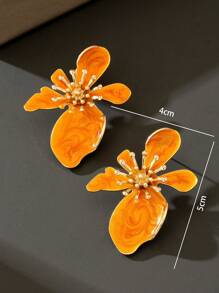 1 对女士不对称橙色花朵形不对称珐琅耳环（无礼品盒） - 橘色 - 查看 5