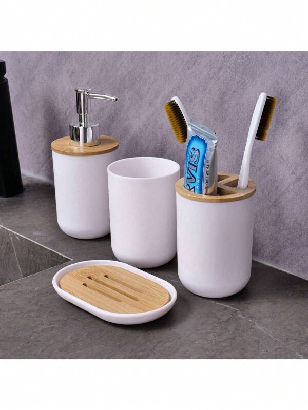 4 Stücke Badregal-Reinigungsset - Minimalistisches Design Holzdeckel Zahnbürstenhalter, Seifenschale, nachfüllbare Flaschen, Becher für Zahnbürste & Zahnpasta, Badezimmer- & Küchen-Reinigungsbedarf Rückkehr zur Schule
