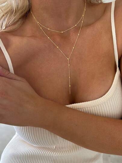 1pc Women's Chic Minimalist Gold Metal Ball Chain Multi-Layer Necklace (Random Bead Quantity)