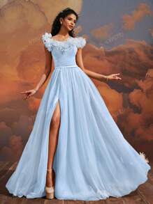 VIPGIRL SHEIN X Hannahelzahed Hannah Dreamy Blue Floral Off-Shoulder Tulle Ball Gown With High Slit, Corset Bodice, Princess Style Maxi Dress, Women Formal & Evening Dresses, Elegant Party Dress, For Wedding Guest