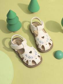 女童刺绣闭趾软底中国风沙滩凉鞋，夏季 - 米色 - 查看 3