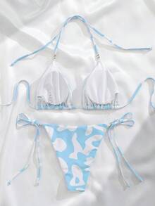 2pcs/Set Sexy & Elegant Slimming Christmas, New Year, Valentine's Day Outfit, Vacation Beach Pool Bikini, Backless Top, Side Tie Bottom, Casual Street Beach Party Swimsuit Set With Beaded Decor, Removable Swimsuit Pads, Holiday Clothing, Women Swimwear, Women Top, Holiday Matching Outfit, Summer Sunny Beach Wear, Winter Hot Spring Swimsuit - Baby Blue - View 3