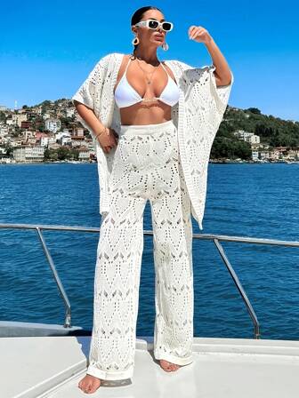 女士优雅钩针罩衫和罩衫裤套装，休闲女士海滩度假针织两件套服装，钻石图案镂空毛衣，春夏