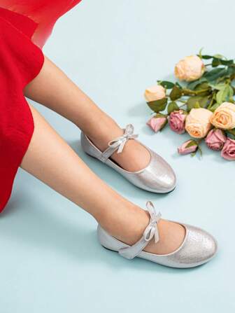 1 双新款时尚百搭儿童平底鞋，派对表演蝴蝶结装饰女童鞋，幼儿公主平底鞋