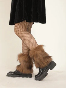 1 Pair Faux Fur Decor Leg Warmers For Kids Girls Boys, Aged 3-16 Years Old, Y2K Lolita Style, Warm - Camel - View 3