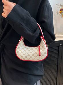 New Vintage Moon Shaped Medium-Sized Shoulder Bag, White Color, Spring/Summer Collection, Retro Rockabilly Style, Large Capacity, Rivet Decor, Oiled Leather, Suitable For Workplace, Casual, Travel, Sling Bag - Multicolor - View 6