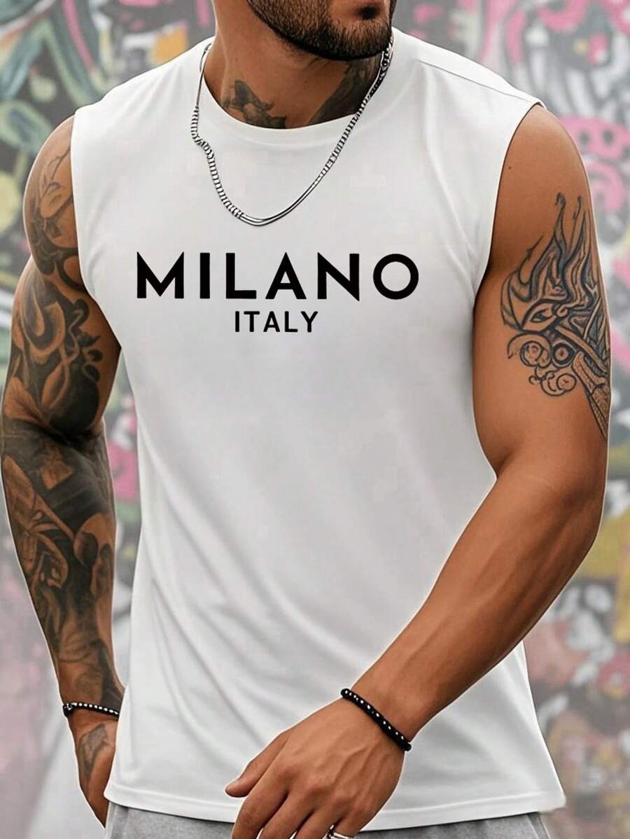 Men's Letter Print Round Neck Casual Loose Fit Tank Top