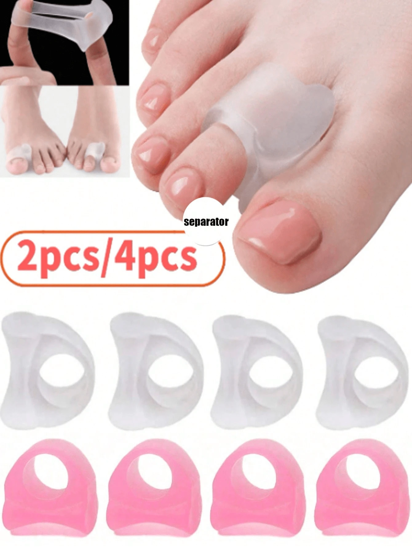 Separadores de dedos de los pies de silicona blanca y rosa, 2/4/6/8/10 piezas, divisor de dedos suave, resistente al agua y duradero, adecuado para deportes y cuidado diario de los pies, protector y funda para los dedos - Multicolor - Ver 1