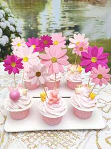 5pcs/10pcs/8pcs/6pcs/1set, 3D Multi-Layer Cake Decoration With Daisies; Mother's Day Cake Decoration With Small Flowers On Bamboo Skewers; Birthday Party Gathering With Bright Flowers On Bamboo Skewers; Random Color Shipping.