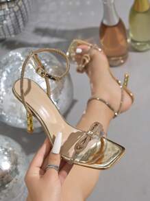 Women's Clear Crystal Heel Sandals, Metal Pearl Rhinestone Decor Chunky High Heel Lace-Up Golden Sandals