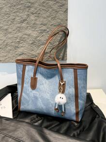 1 件蓝色时尚撞色大容量 PU 女士手提包，含毛绒装饰