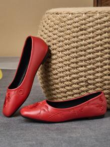 WHDXY 1 双新款中国风刺绣方头复古乐福鞋女款，低帮仙女奶奶鞋，舒适一脚蹬鞋，复古法式玛丽珍通勤平底鞋 - 酒紅色 - 查看 4