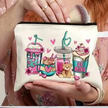 1 件拉链袋收纳袋，帆布休闲化妆包，带可爱图案，适合女孩礼物，旅行必需品收纳袋，妻子/女朋友生日礼物，同事/员工感谢礼物 - 米色 - 查看 5