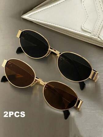 2pcs/1pc Set Women Metal Frame Oval Fashionable Eyeglasses, Unisex Metal Frame Fashion Eyeglasses, INS Retro Street Style Eyeglasses With Travel Beach Accessories, Suitable For Daily Use And Outdoor Activities For Summer Beach Vacation,Outdoor,Travel