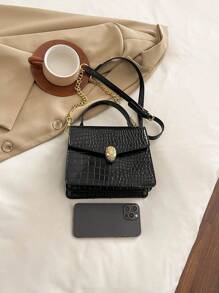 1pc Black PU Elegant Minimalist Crocodile Skin Pattern Metal Buckle & Chain Flap Cover Shoulder Handbag, Suitable For Ladies Spring/Summer, Office Commuter Bag, Outgoing Shopping Tote, Fit For Smartphone, Wallet, Lipstick, Keys, Tissue, Fashion Accessory