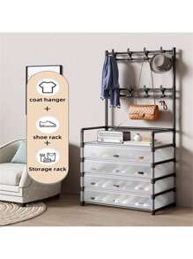 Perchero de 5 niveles con barra de metal para ropa, estante para zapatos para la entrada de la puerta principal, perchero y estante para zapatos de entrada, organizador de almacenamiento multifuncional de entrada, decoración de habitación, decoración de otoño, decoración de dormitorio - Negro - Ver 4