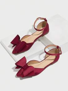 红色 41-43 加大码尖头平底防滑婚鞋，时尚 2025 春夏新款设计浅法式婚鞋，带蝴蝶结装饰和镂空设计，女士