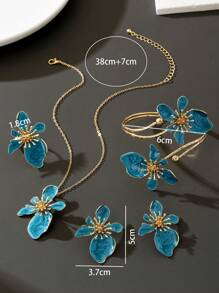 夏季新款乡村度假风蓝色珐琅不对称花朵吊坠项链、1对耳环、1枚戒指、1条手链女士首饰套装（不含礼盒） - 藍色 - 查看 5
