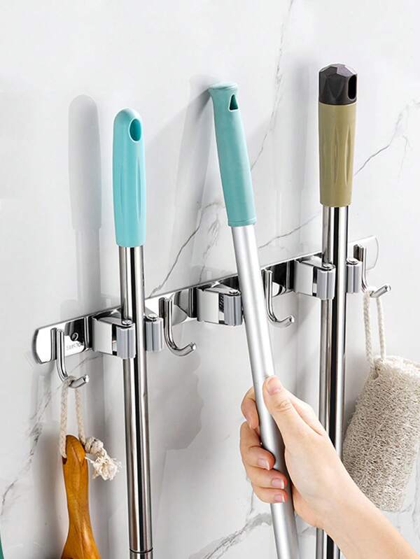 1 Pieza Soporte de pared para escoba y trapeador, gancho de almacenamiento multifuncional y resistente para herramientas de baño, percha de escoba, estante de almacenamiento de trapeador, ganchos de acero inoxidable de alta resistencia para el hogar, cocina, jardín, lavandería, garaje y armario, clip de trapeador de acero inoxidable 304, estante colgante multifuncional sin taladrar, gancho de trapeador, estante de almacenamiento de escobas de baño, herramientas de jardinería