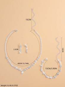 Conjunto de joyería nupcial para boda decorado con rhinestones de plata, collar, aretes y pulsera para mujeres - Plateado - Ver 7