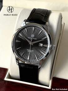Pablo Raez 1pc Classicla Summer Accessories Man Watch Business Wristwatch For Gentleman Vintage Montre Stainless Steel Bracelets Chain IPS Silver Case Luxury Black Soft & Comfortable Microfiber Leather Fashion Metal Feeling Dial Design Calendar Top Brand New AAA Reloj 50M Waterproof Male Quartz Wristwatch