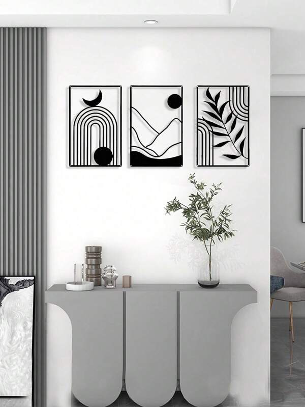 3pcs Black Metal Wall Sculpture, Solid Real Material Wall Art, Metal Wall Decor Cut From Thick Reinforced Steel Plate, Treated With Special Coating For Smooth Finish, Waterproof And Anti-Rust, Suitable For Long-Term Use As Wall Decoration In Bedroom, Bathroom, Kitchen, Study, Living Room, Hallway And Outdoor