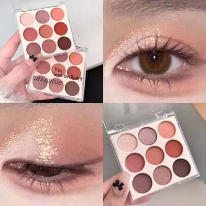 SHAQINUO Paleta de sombras de ojos con 9 colores, tonos terrosos, texturas mate y brillantes, fácil de aplicar, de larga duración, resistente al agua y al sudor, adecuado para maquillaje diario, citas y viajes