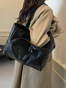 男女通用时尚PU皮革手提包，简约纯色，多功能肩背/腋下手提包，适合休闲、通勤、购物、旅行和上学/大学等场合，大容量女士手提包 - 黑色 - 查看 6