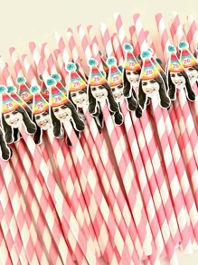 12 Pcs Customized Number & Face Party Paper Straws, Pink Theme Birthday Party Decor, Bachelorette Party Supplies, Women's Day Holiday Decor, Birthday Hat, Pink & Blue Striped Paper Straws, Best Gift For Girls,Brunch-Ready - Multicolor - View 7