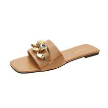 2024 New Fashion Women's Slippers Square Toe Chain Slippers Flat Slide Sandals Beach Flip Flops Metal Dration Casual Shoes