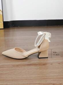 Giày cao gót nữ màu mơ thời trang mới với nơ ngọc trai, sandal mũi nhọn gót dày, giày Mary Jane gót trung bình cho mùa hè, thanh lịch, giày bít mũi nữ, trang phục dự tiệc, trang phục cưới. - Màu be - Xem 7
