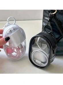 1pc Compact Transparent Zipper Storage Bag With Keychain - PVC, Suitable For Keys, Earphones, Chargers & Travel Accessories, Available In Black & White, Outdoor Travel Storage - Multicolor - View 7