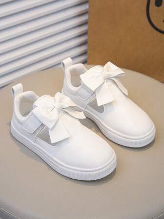 Girls' Cute Fashion Casual Canvas Sneakers, Spring/Autumn, Bowknot Decor, Pure White, Comfortable Outdoor Sport Shoes, Toddler/Kids
