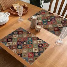 Boho Placemats Set Of 4/2 Pcs Bohemian Carpet Vintage Orange Grey Floral Linen Washable Kitchen Dining Table Mats Stain Heat-Resistant Desktop Decor Place Mats For Home Party Indoor 12x18 In