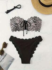 Sultry Sol 2025 Summer Spring Holiday Leopard Print Fashion Two-Wear Backless Bikini With Petal Edge Sexy Triangle Bikini Women's Split Fashion Swimsuit, Suitable For Vacation, Festival - Multicolor - View 4