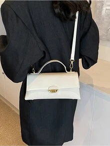 冬季新款时尚经典百搭复古Pu防水面料，Pu拼接面料手提包，金属扣装饰翻盖单肩包，适合购物。旅行、聚会、约会使用。 - 白色 - 查看 3