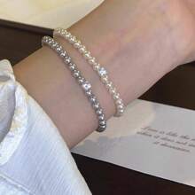 Fresh Water Pearl Bracelet, Small Square Rhinestone & Pearl Beads Splice Minimalist Elegant Pearl Bracelet For Women