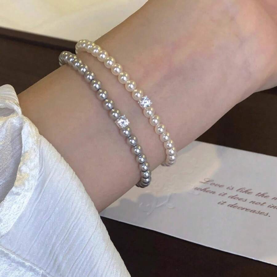 Fresh Water Pearl Bracelet, Small Square Rhinestone & Pearl Beads Splice Minimalist Elegant Pearl Bracelet For Women