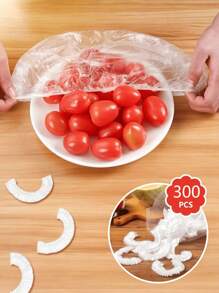 300 pezzi, confezione da 3, set monouso di film per alimenti e cuffie da doccia, coperchi riutilizzabili per contenitori di cibo in PE, pellicola trasparente, sacchetti in PE, coperchi elastici monouso per ciotole