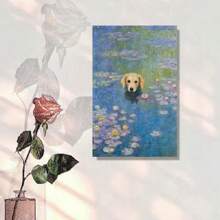 Framed Aozomo Monet Water Lilies Canvas Art Print Funny Golden Retriever Poster Dog Floral Print Abstract Farmhouse Gallery Aesthetic Room Decor For Bedroom Bathroom Birthday Party Decor, Mother's Day New Year Easter Gift,  Home Living Room Office Wall Decor, Perfect Gift And Wall Decoration - 框架 - 查看 3