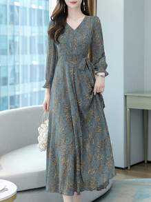 Women's V-Neck Leaf Print Dress, Long Sleeved Waist Cinched Lace Up Dress, Elegant And Slimming Dress, Women's Versatile And Comfortable Dress For All Seasons, Women's Dress