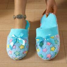 Nuevas pantuflas de interior con decoración de moño a la moda, cómodas, tipo slip-on, gruesas y cálidas para parejas - Azul - Ver 4