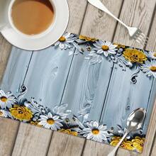 4pcs/Set Wood Grain & Floral Print Linen Placemats - Woven Linen Rectangle Tablemats For Dining, Kitchen - Anti-Slip & Heat Resistant Placemats For Coffee Table, Dinner Table Decor